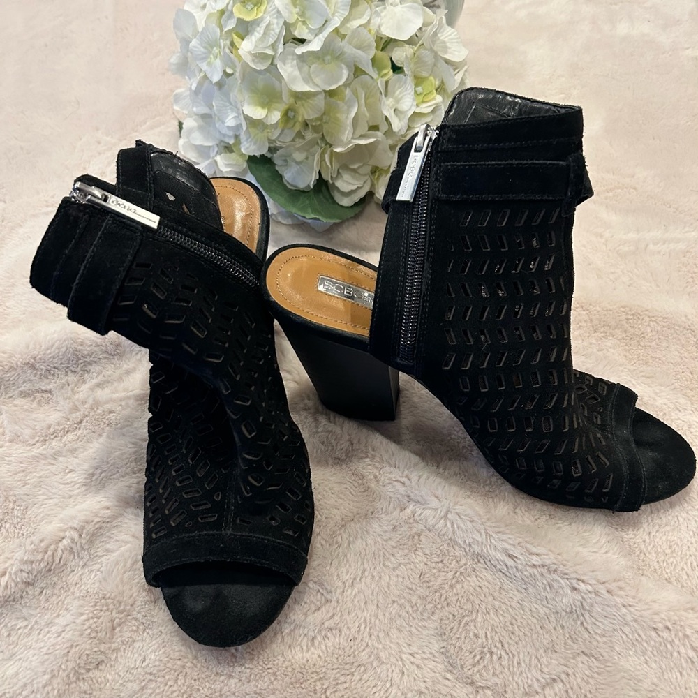 BCBGenerations Black Laser Cut Cage Heels, Size 8M